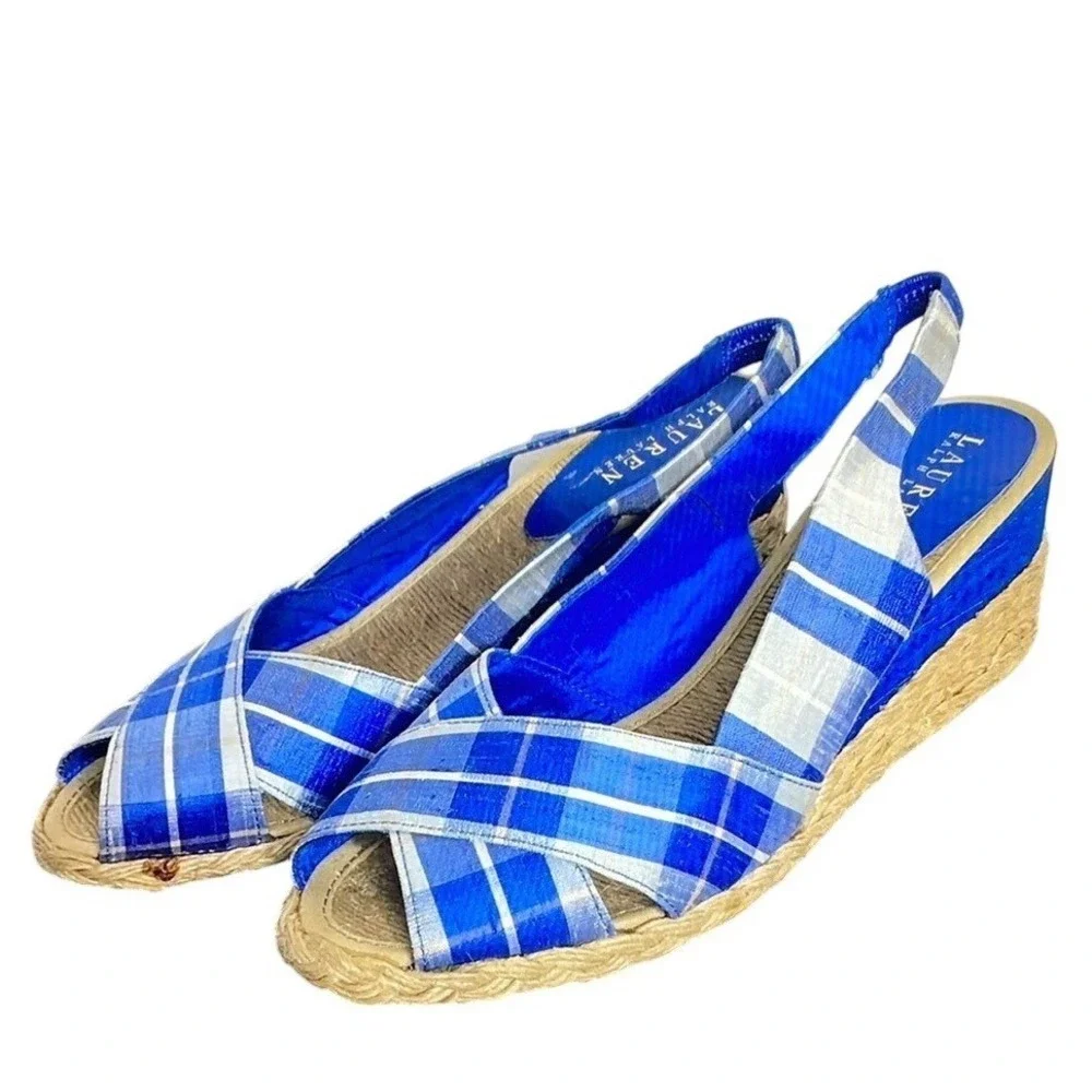 Lauren‎ Ralph Lauren Womens CAMARA Blue Plaid Wedge Slingback Sandals Size 10B